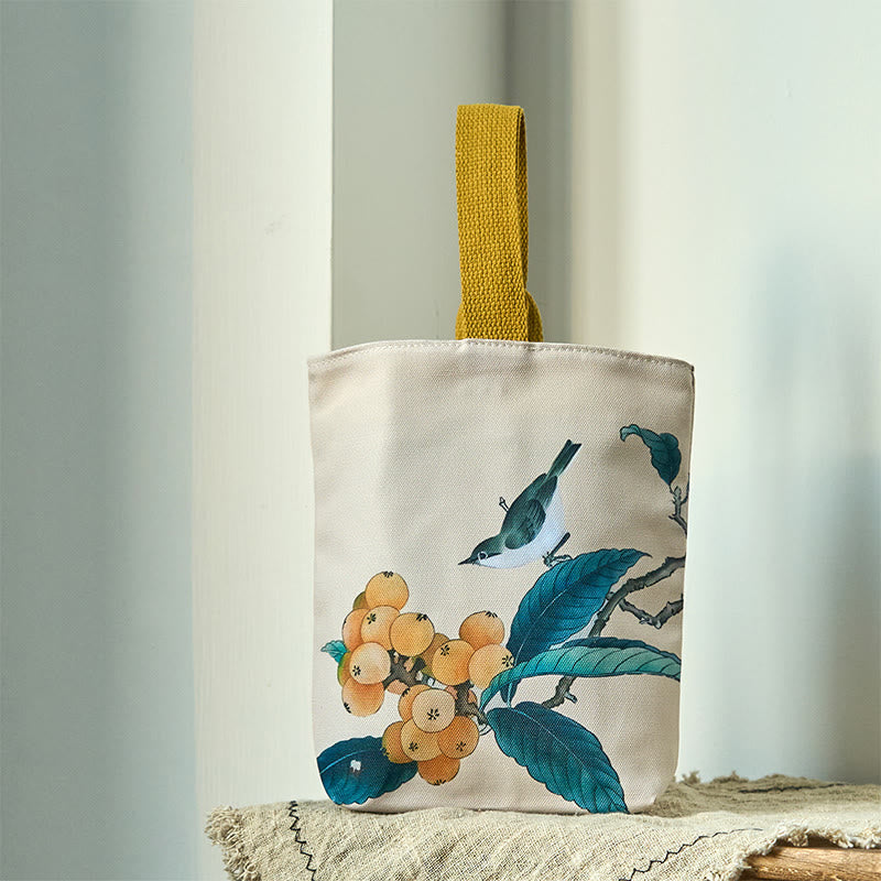 Buddha Stones Loquat Bird Canvas Handbag - Loquat and Bird 15*8*22cm - image 0