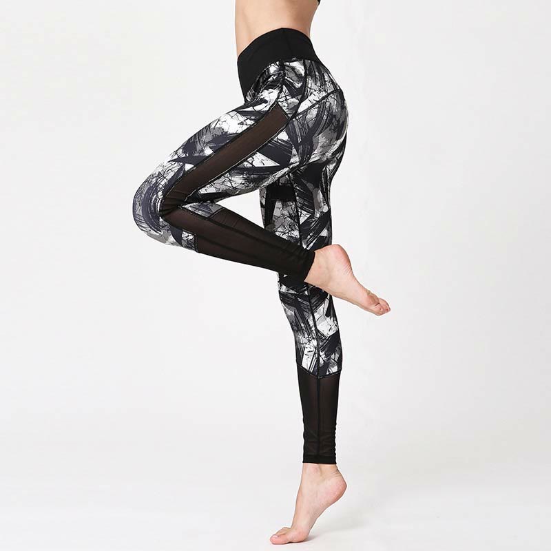 Buddha Stones White Black Ink Brush Lines Print Sports Fitness Mesh Leggings Women's Yoga Pants