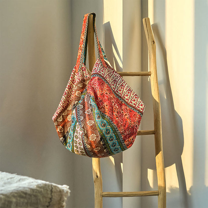 Buddha Stones Colored Stripes Pattern Cotton Shoulder Bag - Orange Brown 50*20*40cm - image 3