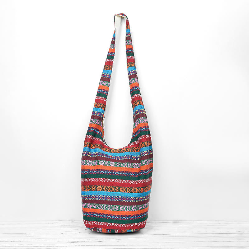 Buddha Stones Colored Geometric Stripes Pattern Cotton Crossbody Bag Shoulder Bag