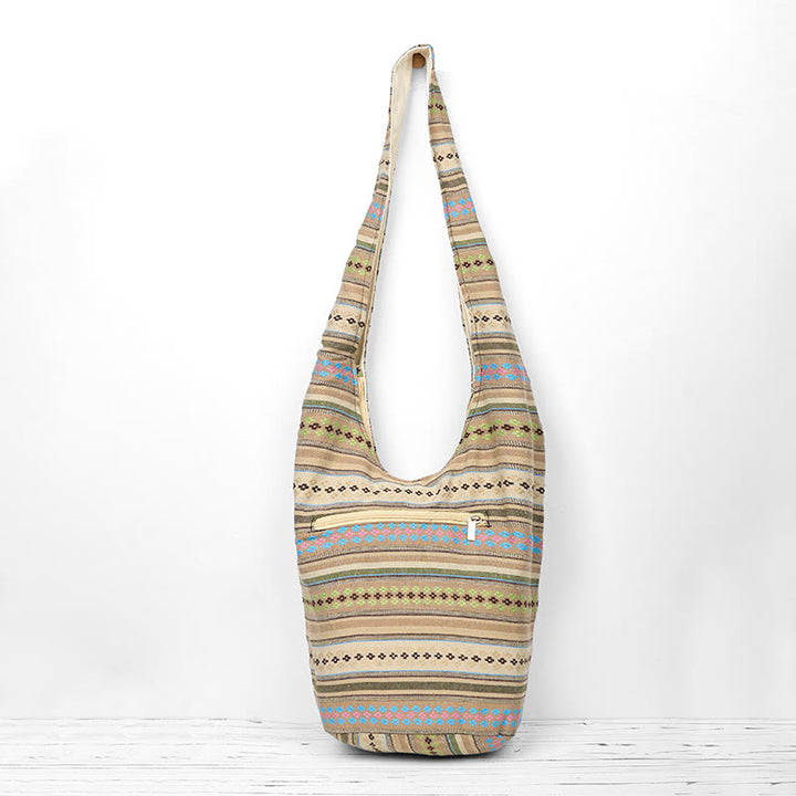 Buddha Stones Khaki Brown Geometric Stripes Pattern Cotton Crossbody Bag Shoulder Bag