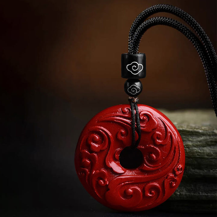 Buddha Stones Natural Cinnabar Lotus Peace Buckle Blessing Necklace String Pendant