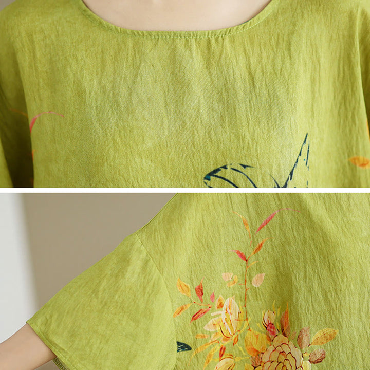 Buddha Stones Yellow Green Flowers Three Quarter Sleeve Linen T-shirt Tee