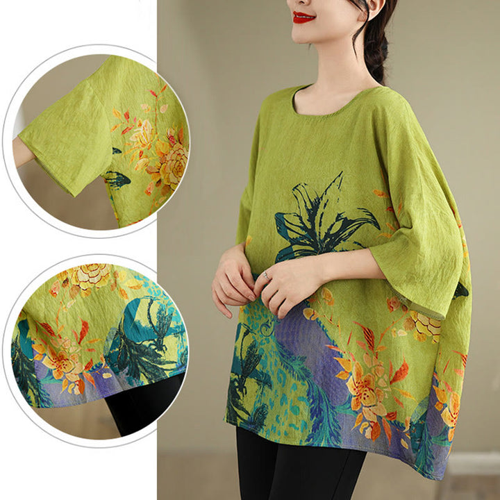 Buddha Stones Yellow Green Flowers Three Quarter Sleeve Linen T-shirt Tee