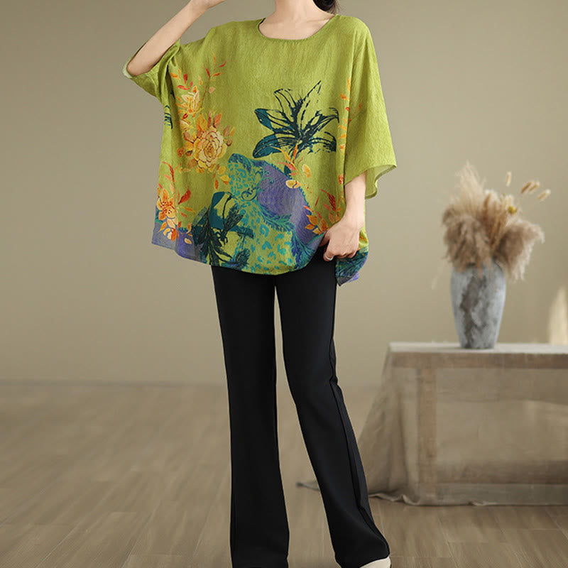 Buddha Stones Yellow Green Flowers Three Quarter Sleeve Linen T-shirt Tee