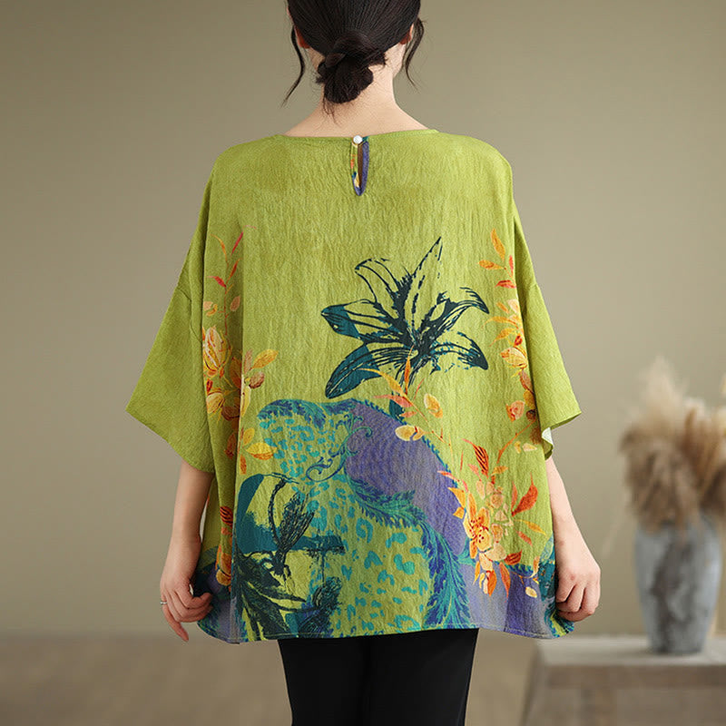 Buddha Stones Yellow Green Flowers Three Quarter Sleeve Linen T-shirt Tee