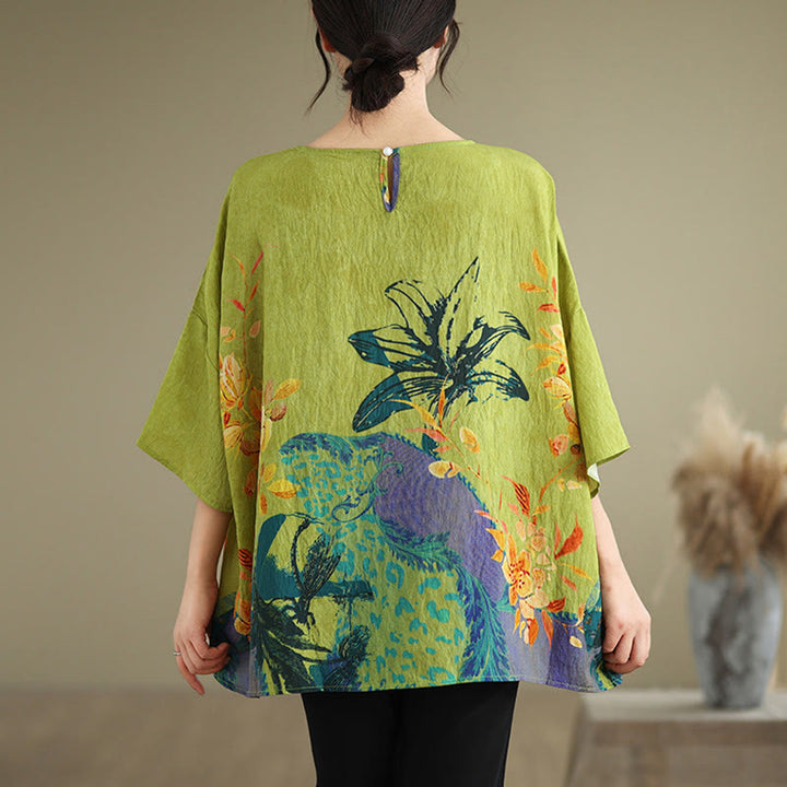 Buddha Stones Yellow Green Flowers Three Quarter Sleeve Linen T-shirt Tee - image 1