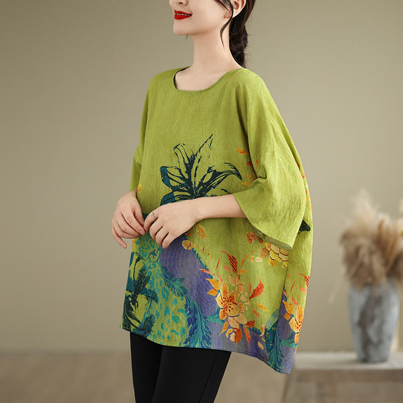 Buddha Stones Yellow Green Flowers Three Quarter Sleeve Linen T-shirt Tee