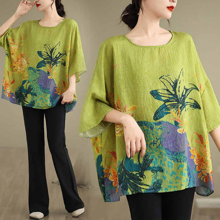 Buddha Stones Yellow Green Flowers Three Quarter Sleeve Linen T-shirt Tee