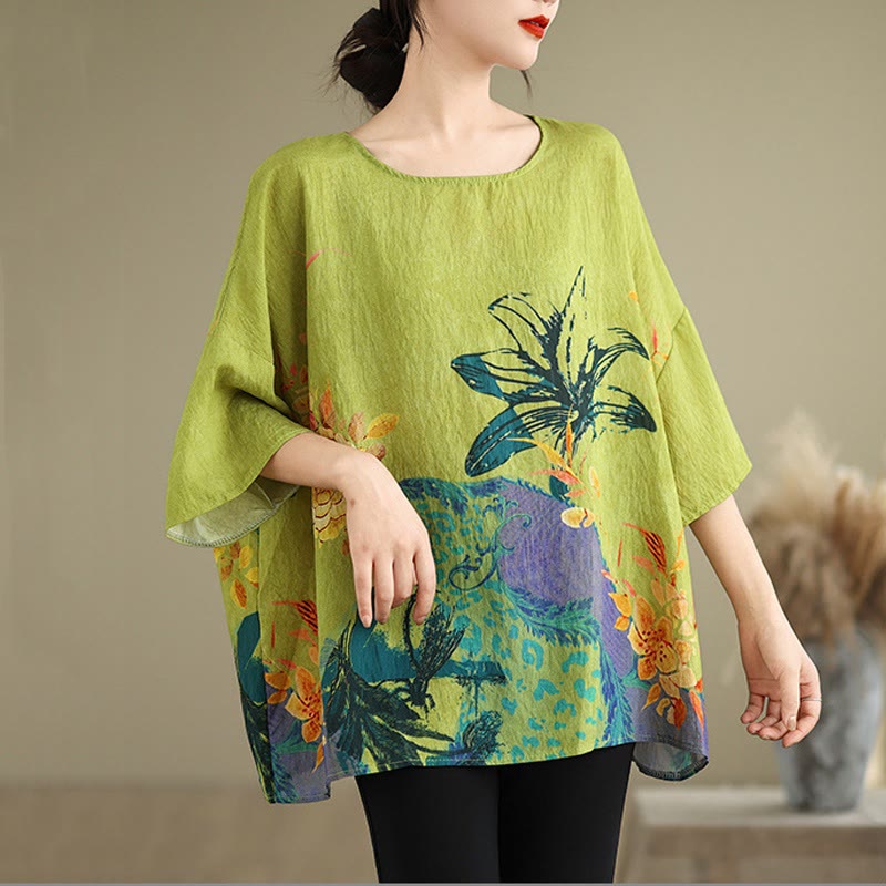 Buddha Stones Yellow Green Flowers Three Quarter Sleeve Linen T-shirt Tee