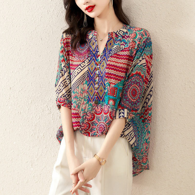 Buddha Stones Women's Mandala Geometry Half Button Shirt - image 11