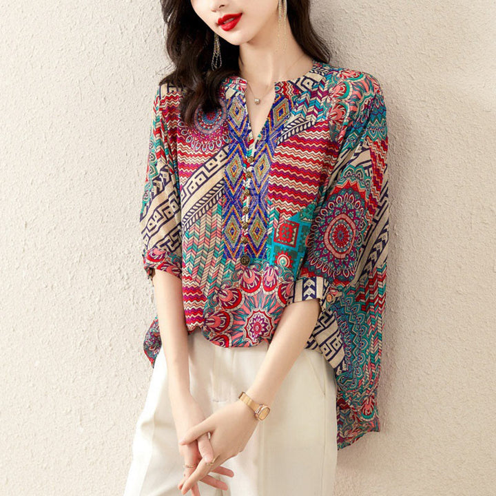 Buddha Stones Women's Mandala Geometry Half Button Shirt