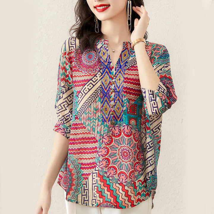 Buddha Stones Women's Mandala Geometry Half Button Shirt