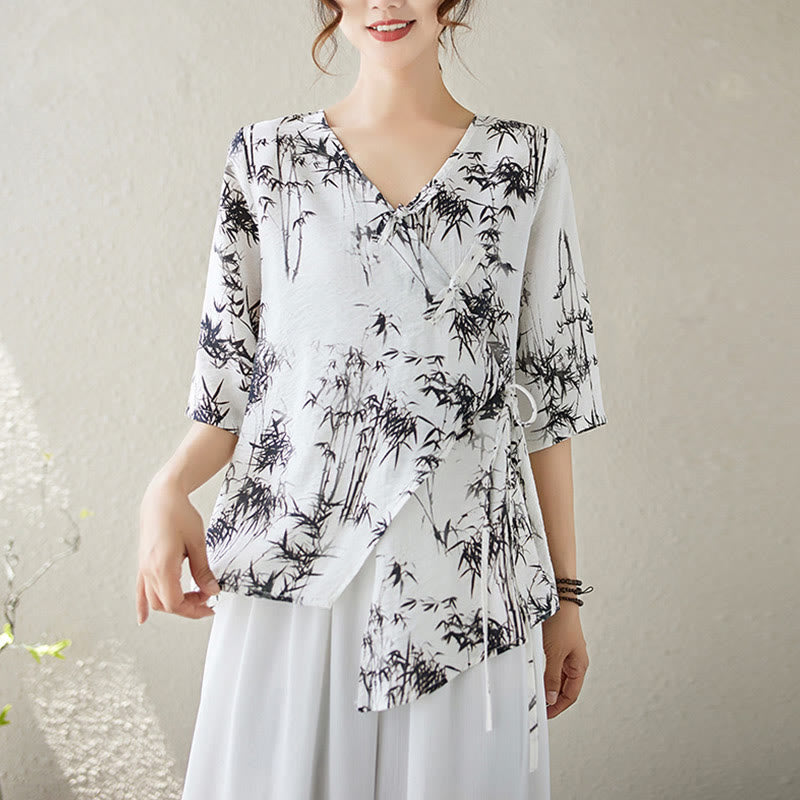 Buddha Stones Ink Bamboo Leaves Print V-Neck Lace-up Frog-Button Shirt T-shirt Tee - Snow - XL(Fit for US6; UK/AU10; EU38) - image 0