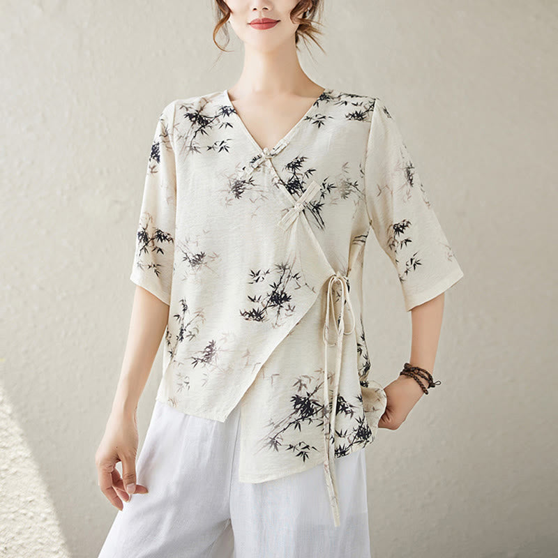 Buddha Stones Ink Bamboo Leaves Print V-Neck Lace-up Frog-Button Shirt T-shirt Tee - Linen - XL(Fit for US6; UK/AU10; EU38) - image 7