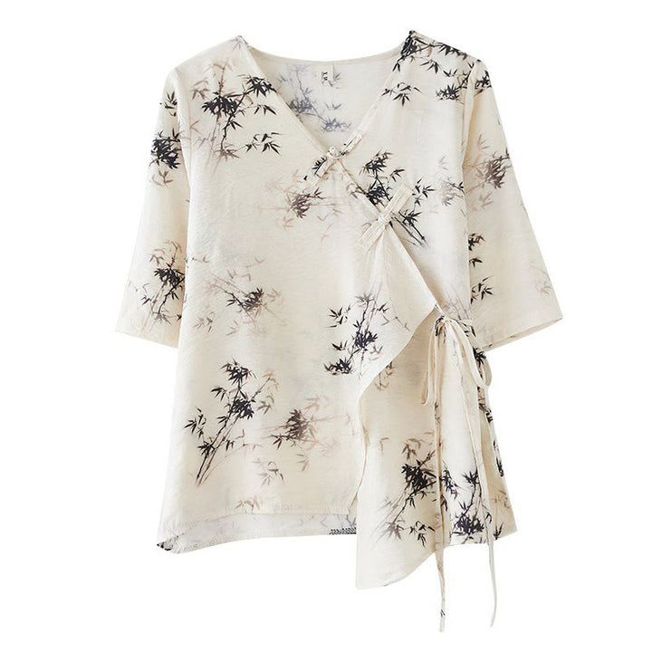 Buddha Stones Ink Bamboo Leaves Print V-Neck Lace-up Frog-Button Shirt T-shirt Tee - image 10