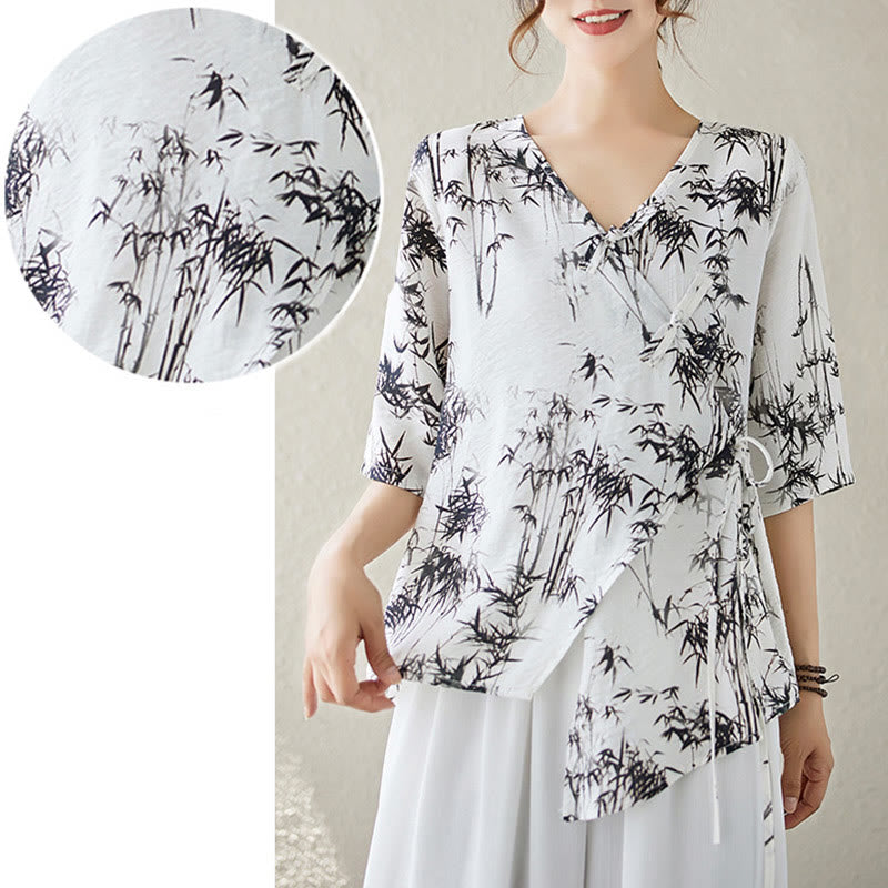 Buddha Stones Ink Bamboo Leaves Print V-Neck Lace-up Frog-Button Shirt T-shirt Tee - image 4