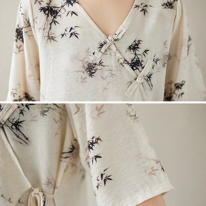 Buddha Stones Ink Bamboo Leaves Print V-Neck Lace-up Frog-Button Shirt T-shirt Tee - image 11