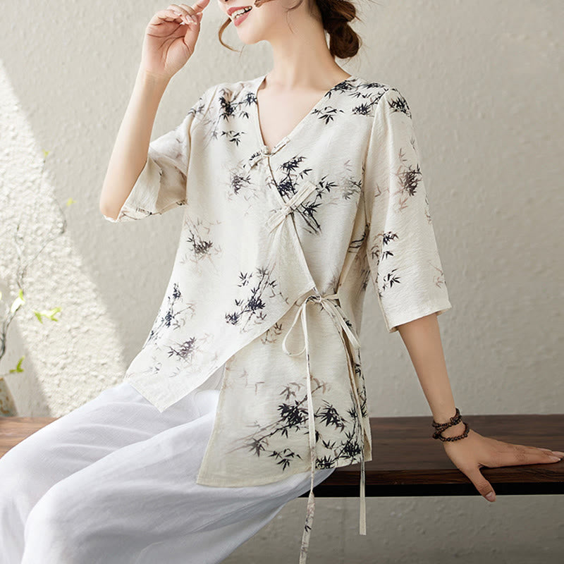 Buddha Stones Ink Bamboo Leaves Print V-Neck Lace-up Frog-Button Shirt T-shirt Tee - image 9