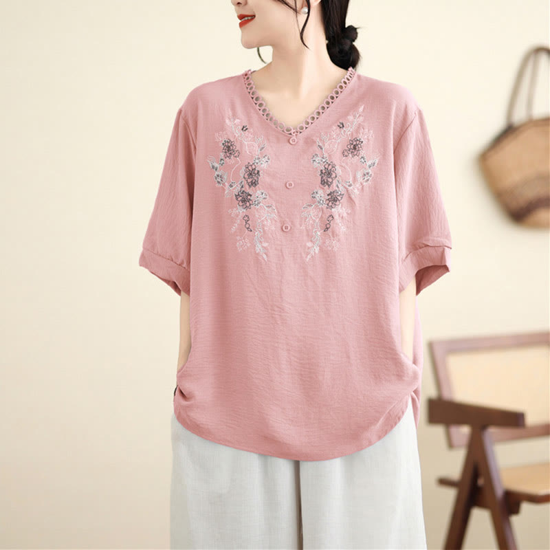 Buddha Stones Floral Embroidery V-Neck Half Sleeve T-shirt Tee