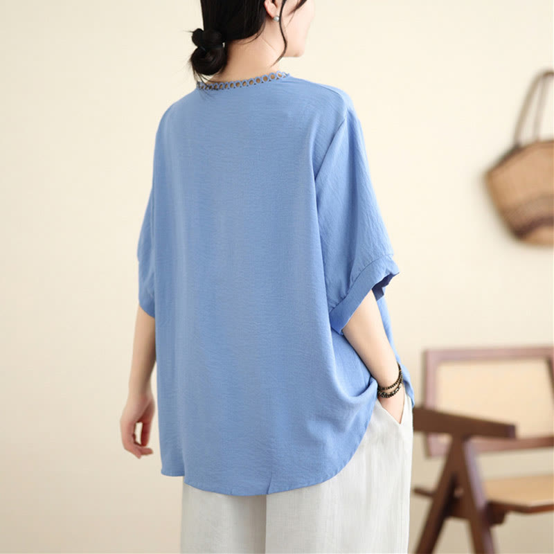 Buddha Stones Floral Embroidery V-Neck Half Sleeve T-shirt Tee - image 5