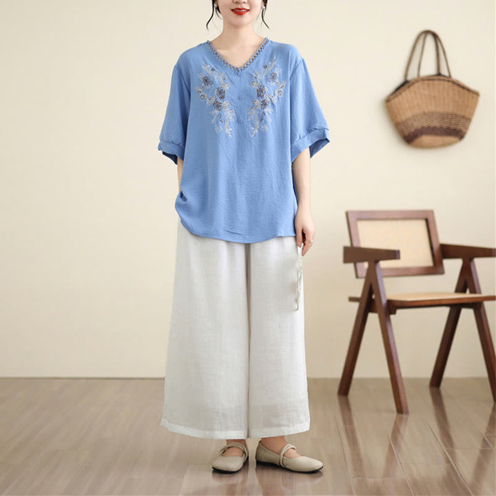 Buddha Stones Floral Embroidery V-Neck Half Sleeve T-shirt Tee - image 12