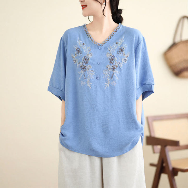 Buddha Stones Floral Embroidery V-Neck Half Sleeve T-shirt Tee - LightSteelBlue - F(Fit for US4-8/10; UK/AU8-12/14; EU36-40/42) - image 4