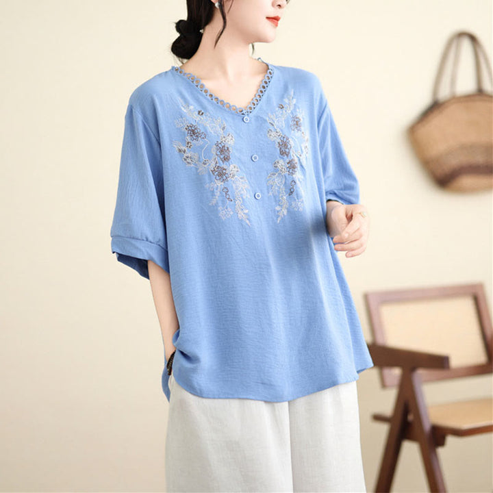 Buddha Stones Floral Embroidery V-Neck Half Sleeve T-shirt Tee