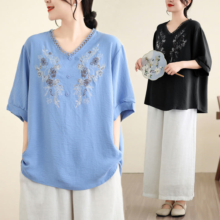 Buddha Stones Floral Embroidery V-Neck Half Sleeve T-shirt Tee - image 17