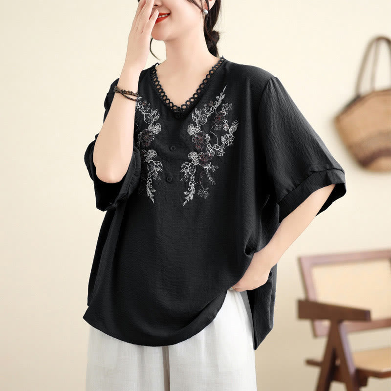 Buddha Stones Floral Embroidery V-Neck Half Sleeve T-shirt Tee