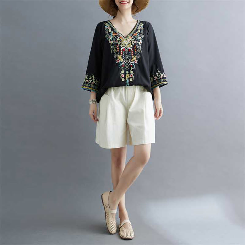 Buddha Stones Ethnic Style Floral Embroidery V-Neck Three Quarter Sleeve T-shirt Tee