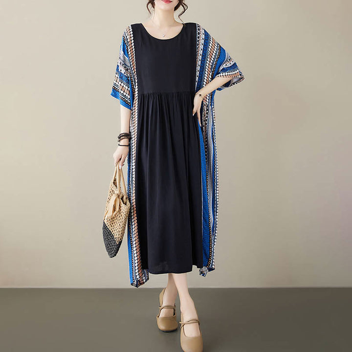 Buddha Stones Black Blue Stripes Short Sleeve Midi Dress With Pockets