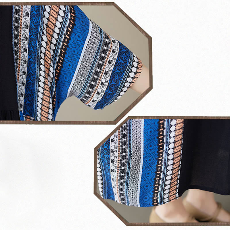 Buddha Stones Black Blue Stripes Short Sleeve Midi Dress With Pockets - image 13