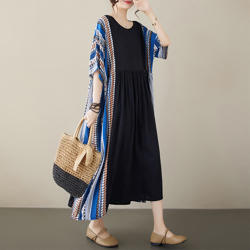 Buddha Stones Black Blue Stripes Short Sleeve Midi Dress With Pockets