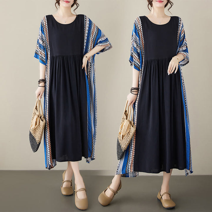 Buddha Stones Black Blue Stripes Short Sleeve Midi Dress With Pockets - image 14