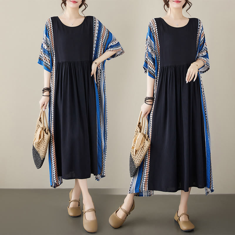 Buddha Stones Black Blue Stripes Short Sleeve Midi Dress With Pockets