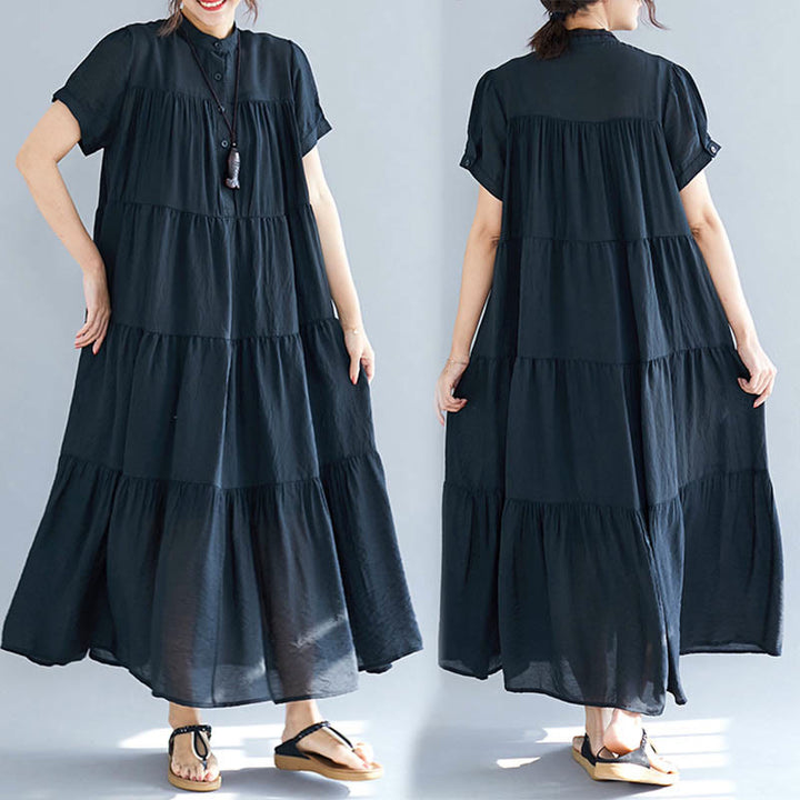 Buddha Stones Solid Color Button Front Short Sleeve Ruffled Hem Midi Dress