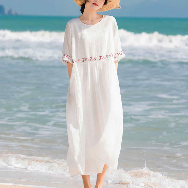 Buddha Stones Solid Color Embroidery Short Sleeve Ramie Linen Midi Dress