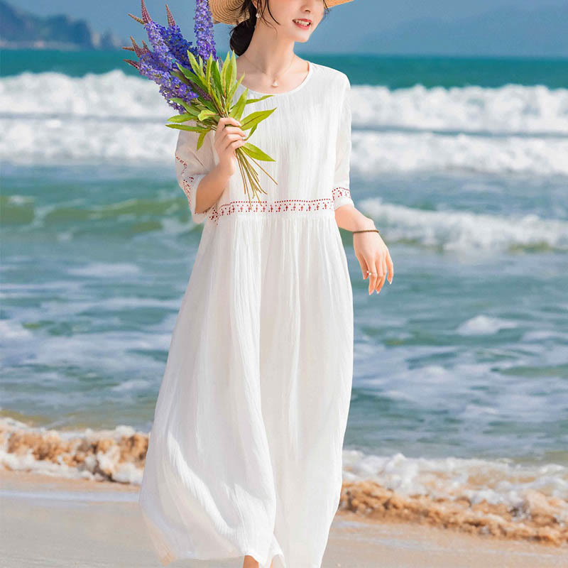Buddha Stones Solid Color Embroidery Short Sleeve Cotton Midi Dress With Pockets - image 13