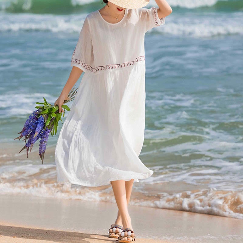 Buddha Stones Solid Color Embroidery Short Sleeve Ramie Linen Midi Dress