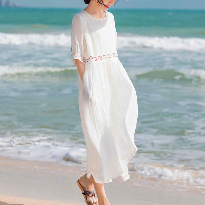 Buddha Stones Solid Color Embroidery Short Sleeve Cotton Midi Dress With Pockets - image 15