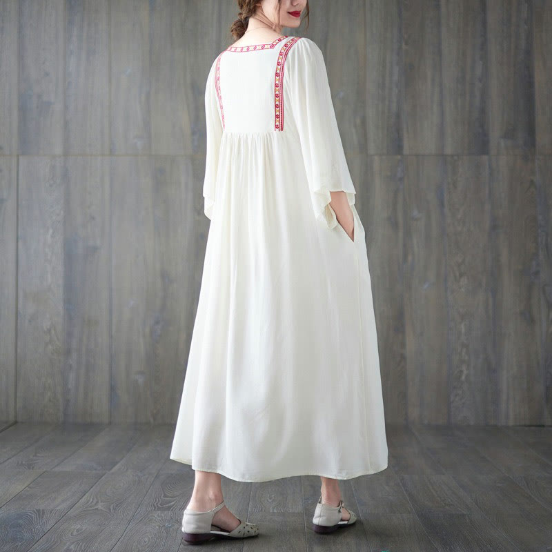 Buddha Stones Embroidery Notched Ruffled Hem Midi Dress With Pockets - image 2