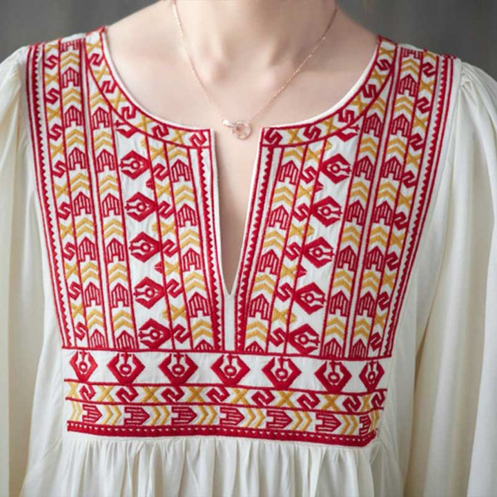 Buddha Stones Embroidery Notched Ruffled Hem Midi Dress With Pockets - image 5