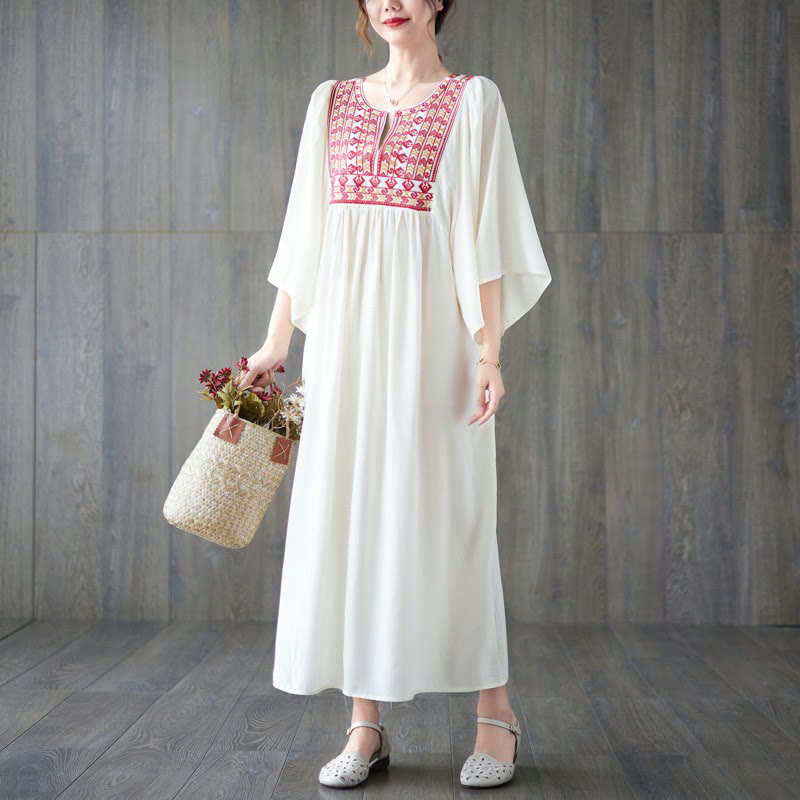 Buddha Stones Embroidery Notched Ruffled Hem Midi Dress With Pockets