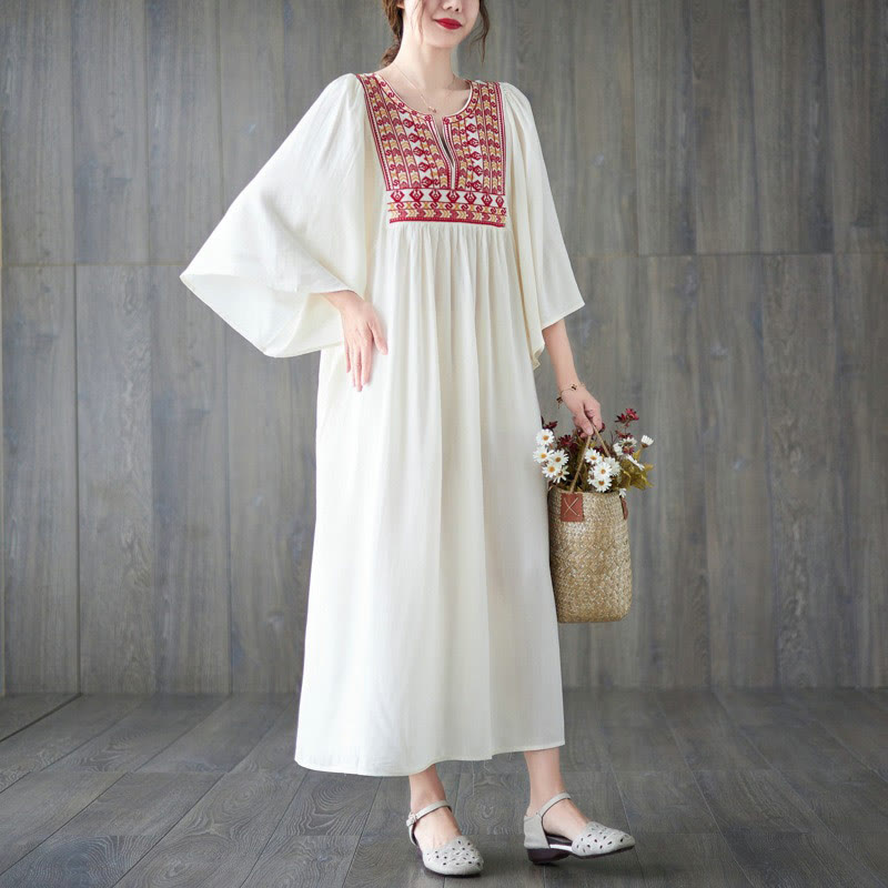 Buddha Stones Embroidery Notched Ruffled Hem Midi Dress With Pockets