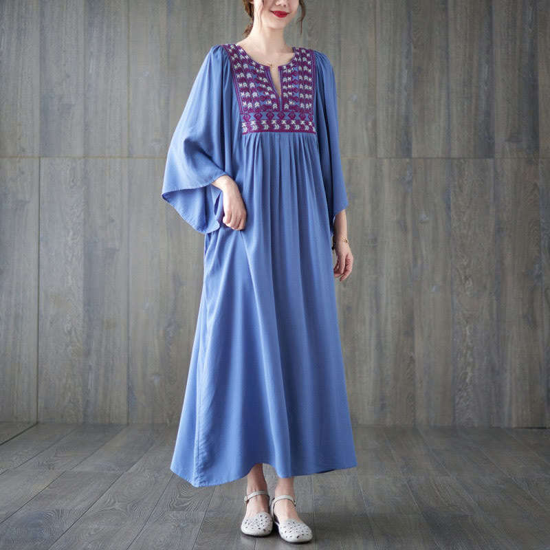 Buddha Stones Embroidery Notched Ruffled Hem Midi Dress With Pockets