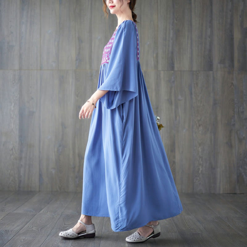 Buddha Stones Embroidery Notched Ruffled Hem Midi Dress With Pockets - image 17