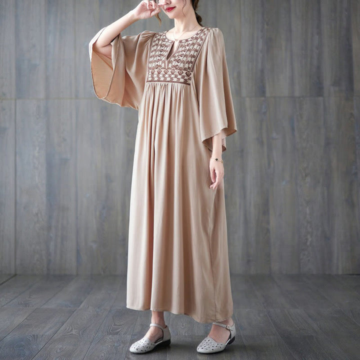 Buddha Stones Embroidery Notched Ruffled Hem Midi Dress With Pockets