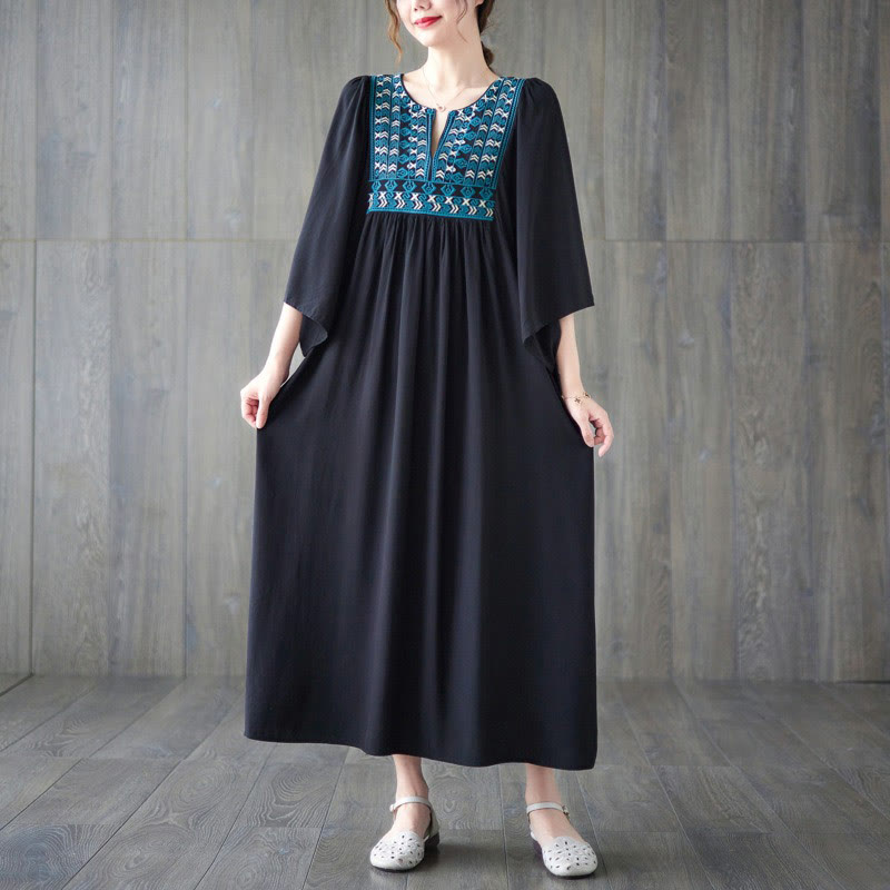 Buddha Stones Embroidery Notched Ruffled Hem Midi Dress With Pockets