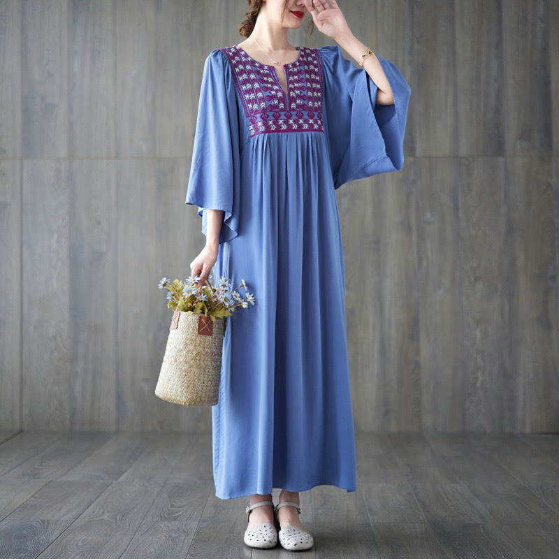 Buddha Stones Embroidery Notched Ruffled Hem Midi Dress With Pockets